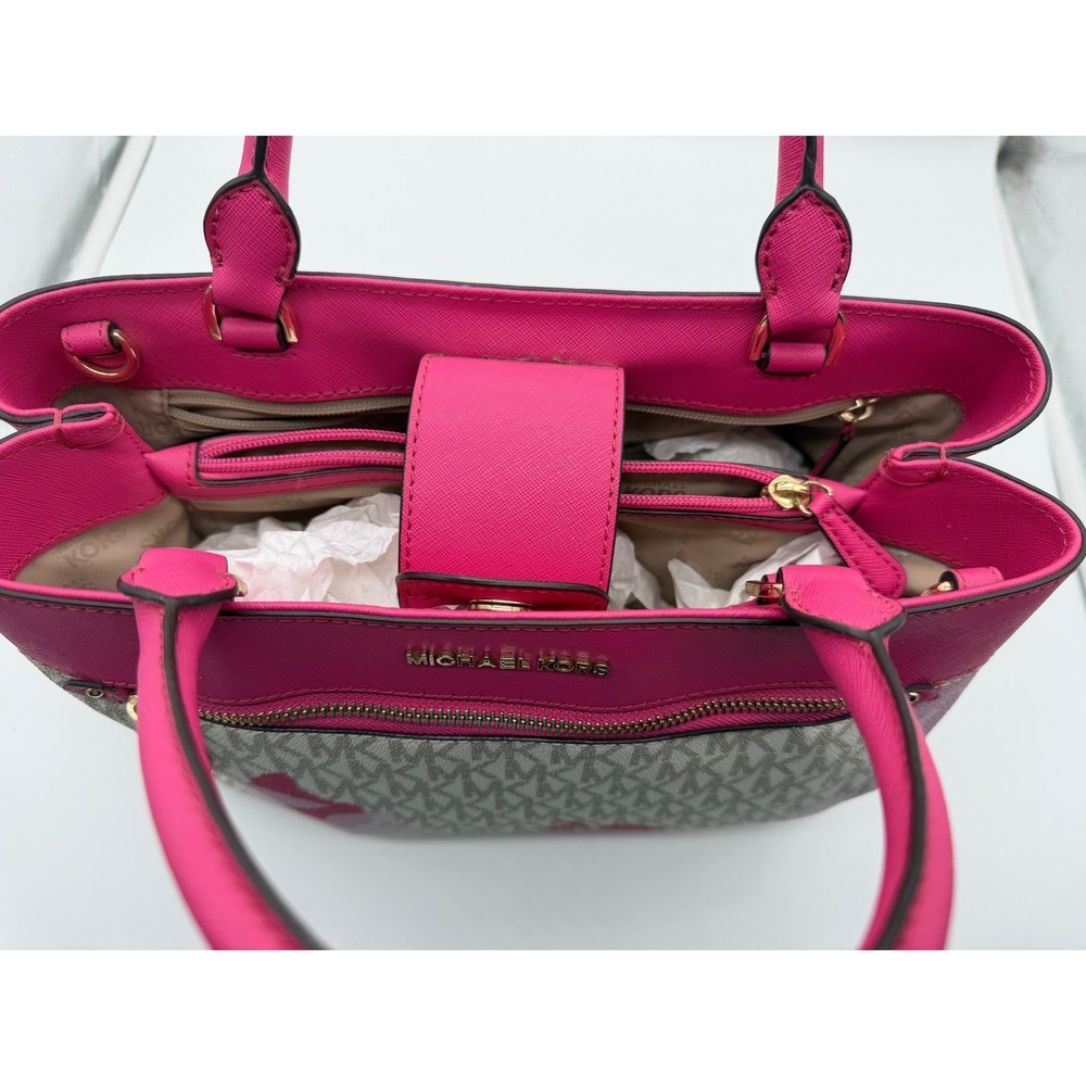 Michael Kors Pink Floral Signature Logo Satchel Handbag Gold Tone Hardware - Picture 6 of 8
